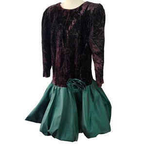 Evenings by Pantagis 80s Party Dress Burgundy Velvet Green Taffeta Bubble Skirt